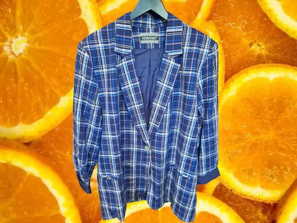 Nouveaux‎ Blue, Tan and White Plaid Blazer